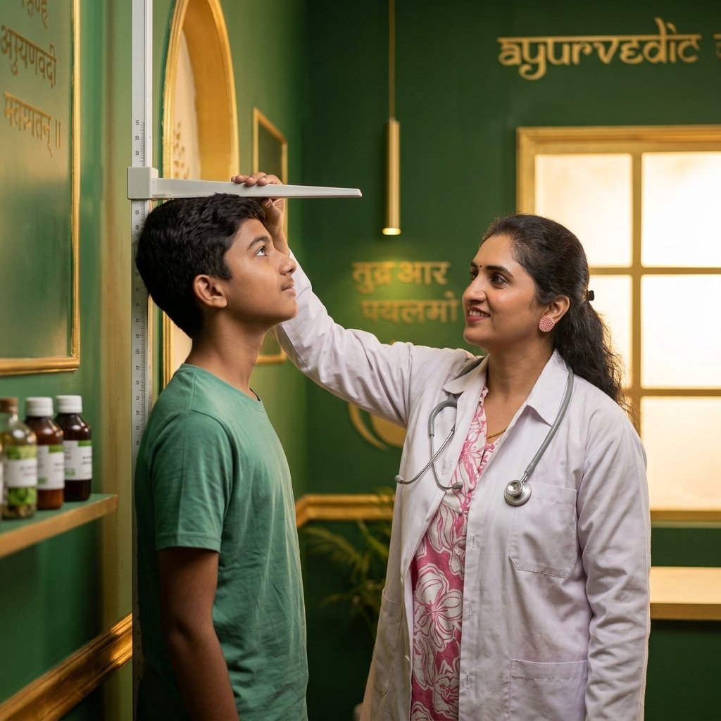 Ayurvedic doctor measuring a teenage boy's height at FertiVeda Ayurvedic Clinic
